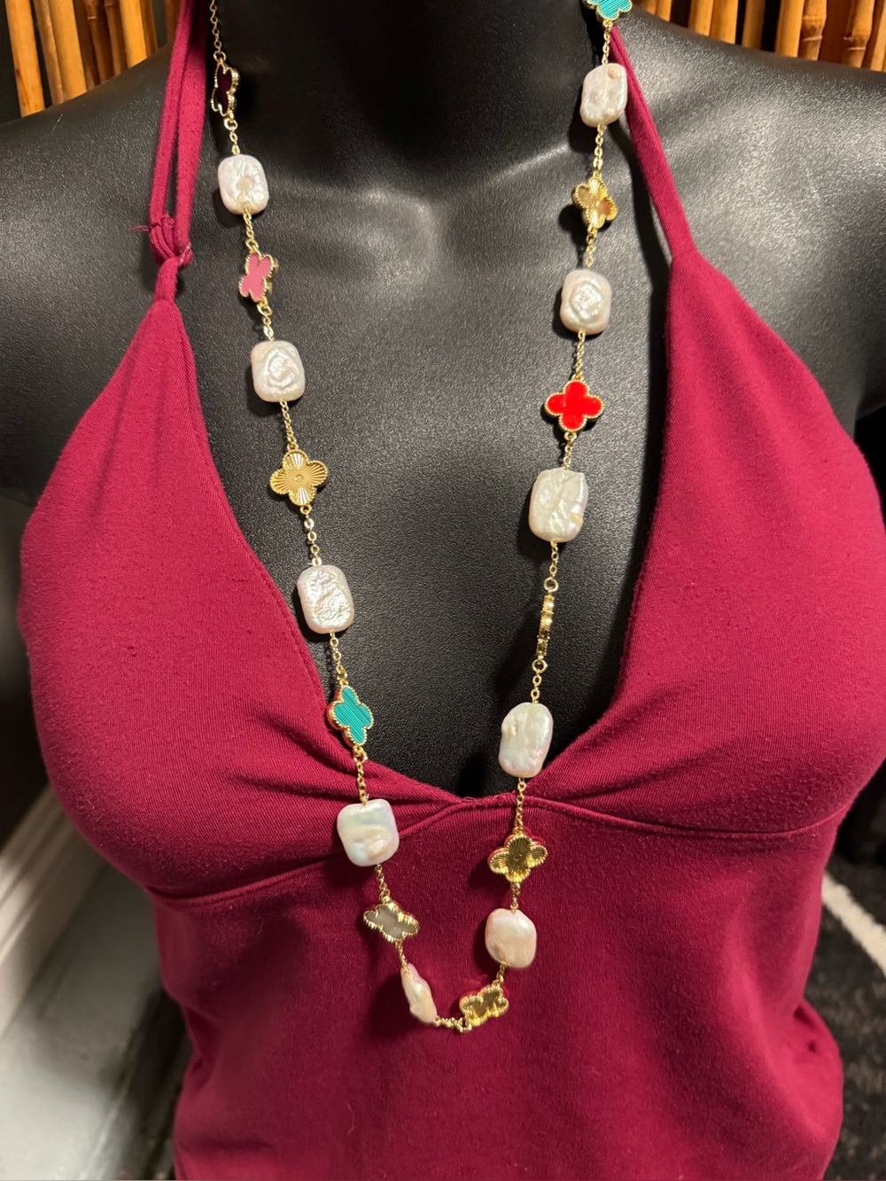 Gold-Tone Pearl & Clover Station Necklace — Multicolor Accents